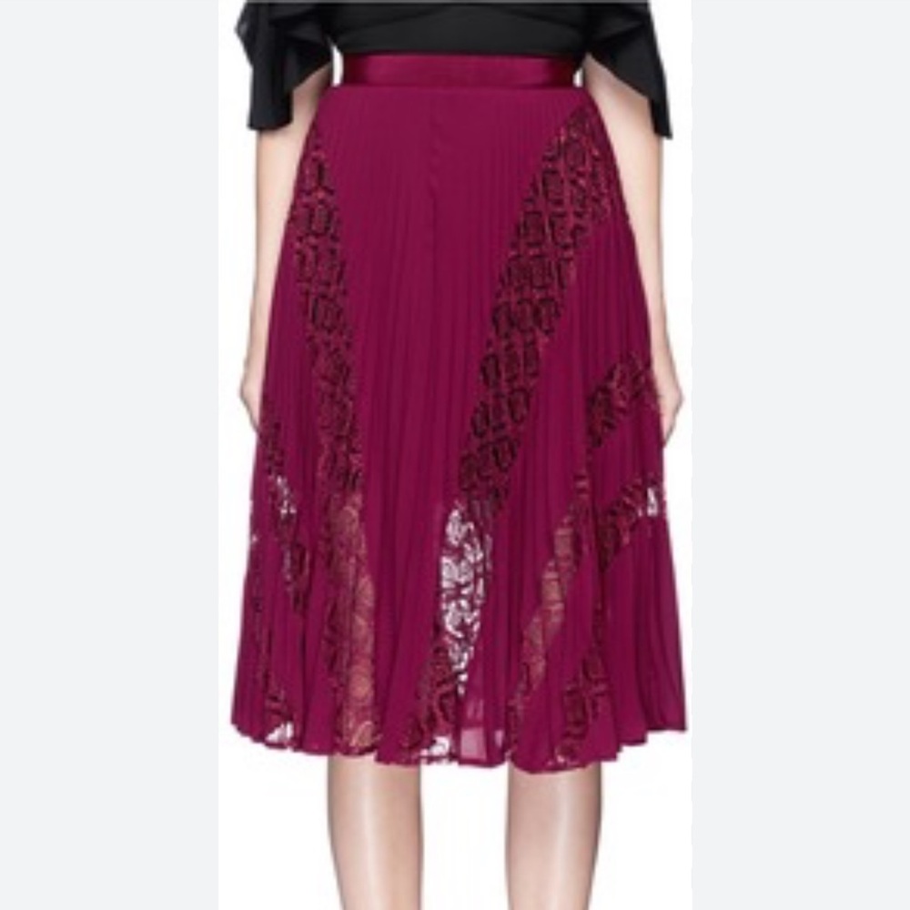Self-Portrait Plum Lace-Panel Pleated Midi Skirt